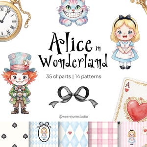 Puede incluir: Ilustración de "Alicia en el país de las maravillas" con el Gato de Cheshire, Alicia, el Sombrerero Loco y naipes. La imagen incluye patrones y el texto "Alice in Wonderland" con "35 cliparts | 14 patterns."