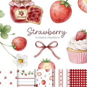 Pode incluir: Um conjunto de ilustrações digitais com morangos em aguarela, um frasco de compota, um cupcake, um laço de xadrez vermelho e vários padrões. O texto inclui @wearejunestudio, Strawberry e 14 cliparts | 8 patterns. Tons de vermelho e branco.
