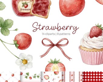 Strawberry Clip Art | Seamless Patterns Bundle | Watercolor Strawberry PNG | Coquette Fruit Clipart | retro sweet Strawberry | Commercial Use