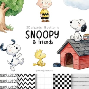 May include: A watercolour illustration of Snoopy and friends, including Charlie Brown and Woodstock. The image features a red doghouse, a tree, and various black and white patterns. Text reads "Snoopy & friends" and "20 cliparts | 8 patterns".