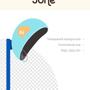 May include: A digital illustration featuring a light blue object with a dark gray interior and a small orange shape with the letters "oi". The image includes the text "Transparent background", "Commercial use", and "PNG | 300 DPI". The logo "June studio" is at the top.