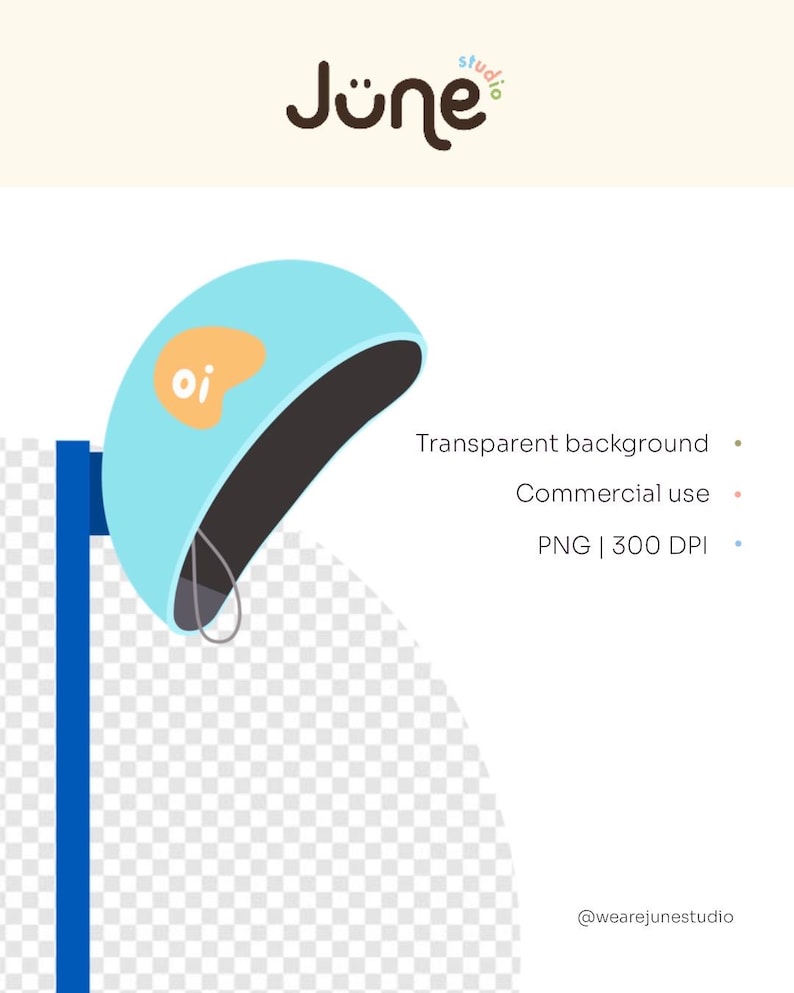 May include: A digital illustration featuring a light blue object with a dark gray interior and a small orange shape with the letters "oi". The image includes the text "Transparent background", "Commercial use", and "PNG | 300 DPI". The logo "June studio" is at the top.