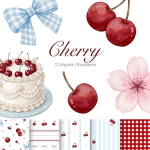 Kersenclipart | Bundel naadloze patronen | Aquarel kers PNG | Coquette fruitclipart | Sierlijke kers | Esthetisch schattig | Commercieel gebruik