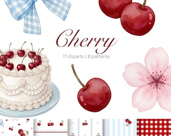 Cherry Clip Art | Seamless Patterns Bundle | Watercolor Cherry PNG | Coquette Fruit Clipart | Ditsy Cherry | Aesthetic Cute | Commercial Use