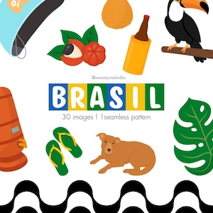 May include: A collection of vector illustrations featuring Brazilian cultural elements. Includes a toucan, a dog, a bottle of beer, a beach hat, a snack, a fruit, and flip-flops. The word "BRASIL" is displayed in colorful letters.