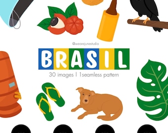 May include: A collection of vector illustrations featuring Brazilian cultural elements. Includes a toucan, a dog, a bottle of beer, a beach hat, a snack, a fruit, and flip-flops. The word "BRASIL" is displayed in colorful letters.