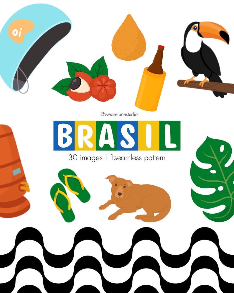 May include: A collection of vector illustrations featuring Brazilian cultural elements. Includes a toucan, a dog, a bottle of beer, a beach hat, a snack, a fruit, and flip-flops. The word "BRASIL" is displayed in colorful letters.