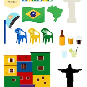May include: A collection of vector illustrations featuring Brazilian themes. Includes the word "BRASIL" in colorful letters, a Brazilian flag, a map of Brazil, and the Christ the Redeemer statue. Also shown are colorful chairs, drinks, and buildings.
