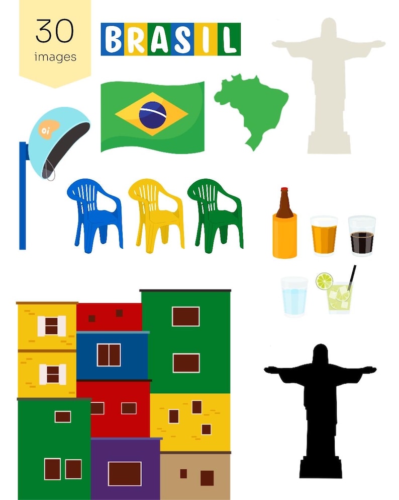 May include: A collection of vector illustrations featuring Brazilian themes. Includes the word "BRASIL" in colorful letters, a Brazilian flag, a map of Brazil, and the Christ the Redeemer statue. Also shown are colorful chairs, drinks, and buildings.