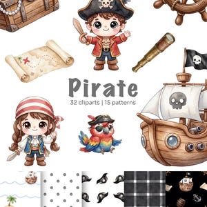 Pode incluir: Conjunto de cliparts em aquarela com tema pirata, apresentando um baú de tesouro, um navio pirata, um mapa, um papagaio e personagens. A palavra "Pirate" é exibida com o texto "32 cliparts | 15 patterns". As ilustrações são em estilo cartoon.