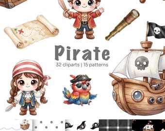 Pirate Ship Clipart Bundle | Watercolor Pirate Ship PNG | Girl Boy | Adventure clip art | Nautical Pirate Pattern | Commercial Use | 300DPI