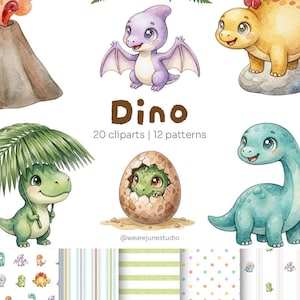 Pode incluir: Ilustrações em aquarela de dinossauros fofos em várias poses, incluindo um Pterodáctilo roxo, um Estegossauro amarelo e um T-Rex verde. A imagem também apresenta a palavra "Dino" e o texto "20 cliparts | 12 patterns".