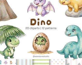 Cute Dinosaur Clipart Bundle PNG | Watercolor Dino Clip Art | Baby Dinosaurs Pattern | Pastel Jurassic Graphics | Commercial Use | 300DPI