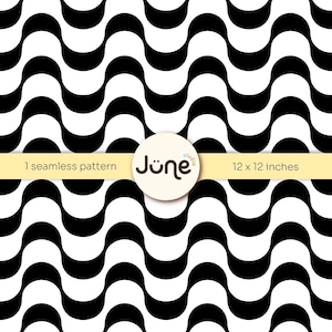 May include: A seamless black and white wavy pattern. The design features repeating, curved black shapes against a white background. The pattern is 12 x 12 inches. The image includes the text "1 seamless pattern" and the brand name "June studio".