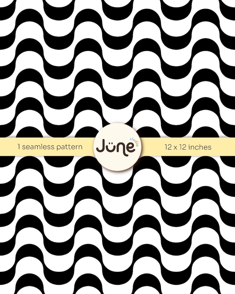 May include: A seamless black and white wavy pattern. The design features repeating, curved black shapes against a white background. The pattern is 12 x 12 inches. The image includes the text "1 seamless pattern" and the brand name "June studio".