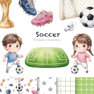 Pode incluir: Um conjunto de ilustrações digitais com elementos de futebol em aguarela, incluindo um troféu dourado, chuteiras azuis e cor-de-rosa, uma baliza, uma bola, um apito, um campo verde e duas crianças com o texto Soccer 31 cliparts 14 patterns.