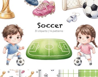 Soccer World Cup Clipart | Seamless Patterns Bundle | Watercolor Soccer Boy & Girl PNG | Football Kids Clipart | Commercial Use