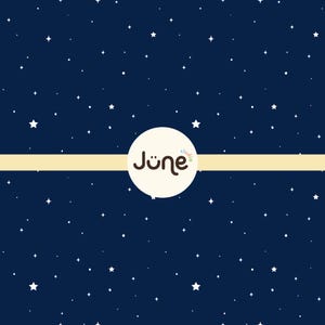 Pode incluir: Um padrão de tecido azul-marinho escuro com um design disperso de pequenas estrelas e pontos brancos. Uma faixa horizontal de cor creme atravessa o centro, sobreposta por um logótipo circular branco com o texto castanho June studio.