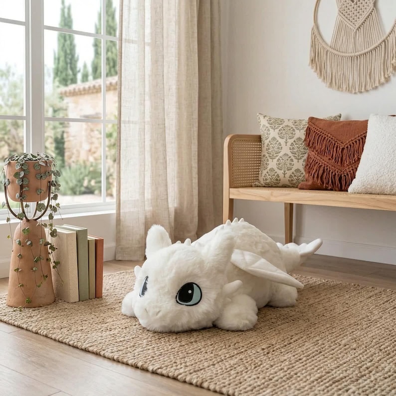 May include: A large, white plush dragon toy with blue eyes and small wings rests on a woven jute rug. The dragon is in a relaxed pose, with its head and paws forward. The room has a neutral color palette with natural light.