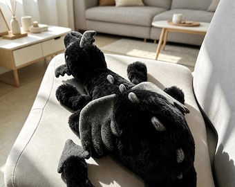 Huge Onyx Dragon Plush: Sparkly Wings, Huggable Cuddle Toy, Gothic Nursery Decor