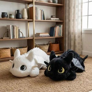 May include: Two plush dragon pillows, one white and one black, rest on a woven rug. The white dragon has large, round eyes and a friendly expression. The black dragon has yellow eyes and a more serious look. Shelves filled with books and decor are in the background.
