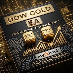 May include: A black rectangular plaque featuring gold text that reads DOW GOLD EA, EXPLOSIVE REAL ACCOUNT GROWTH, US30 DOW JONES, GOLD XAUUSD, myfxbook, and 0 MYFXBOOK DRAWDOWN. The surface displays a gold circuit board pattern and a rising bar chart.