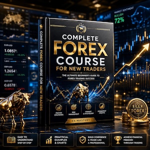 May include: A book titled "COMPLETE FOREX COURSE FOR NEW TRADERS" with gold lettering and a bull graphic. The cover also includes the text "THE ULTIMATE BEGINNER'S GUIDE TO FOREX TRADING SUCCESS". The image features gold bull statues, charts, and a Forex coin.