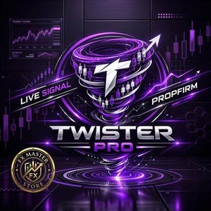 May include: A digital graphic with a purple and silver tornado design. The text "TWISTER PRO" is prominently displayed, with additional text reading "LIVE SIGNAL" and "PROPFIRM." A gold emblem with the text "FX MASTER FX STORE" is in the lower left corner.