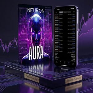 May include: A smartphone displaying a trading interface with a list of XAUUSD transactions stands next to a vertical display featuring a robotic head graphic, the text NEURON AURA, and purple financial charts on a dark platform with gold labels.