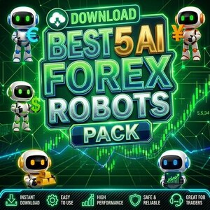 May include: A digital graphic with the text "DOWNLOAD BEST 5 AI FOREX ROBOTS PACK". The image features robot characters holding currency symbols and gold bars, set against a green background with financial charts.