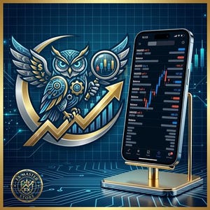 May include: A smartphone on a gold metal stand displaying a trading app with financial charts. Behind it is a circular emblem featuring a mechanical owl holding a magnifying glass, surrounded by currency symbols and a rising gold arrow.