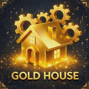 Może przedstawiać: Ilustracja złotego domu z kołami zębatymi i napisem "GOLD HOUSE" na ciemnym tle. Dom ma okna i komin. Koła zębate są umieszczone nad domem. Tło ma wzór płytki drukowanej z symbolami walut.