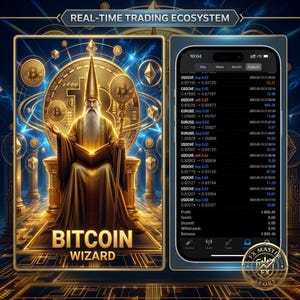 Może przedstawiać: Cyfrowa grafika przedstawiająca czarodzieja w złotych szatach trzymającego kostur i księgę, z napisem "BITCOIN WIZARD" oraz "REAL-TIME TRADING ECOSYSTEM". Obok smartfon wyświetla interfejs aplikacji handlowej z parami walutowymi, znacznikami czasu i saldem zysku 4890,40.