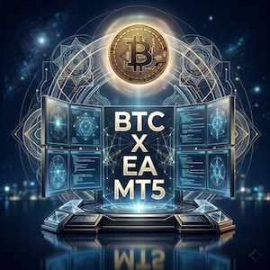 Puede incluir: Ilustración digital con una moneda Bitcoin dorada sobre una pantalla de ordenadores. Las pantallas muestran datos y el texto "BTC X EA MT5". El fondo es azul oscuro con patrones geométricos y luces de la ciudad.