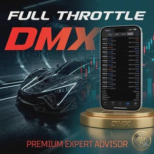 May include: A smartphone displaying a financial trading app interface with currency pairs and profit data, resting on a gold circular pedestal labeled DMX. The background features a black sports car, the text FULL THROTTLE DMX, and a red candle chart.