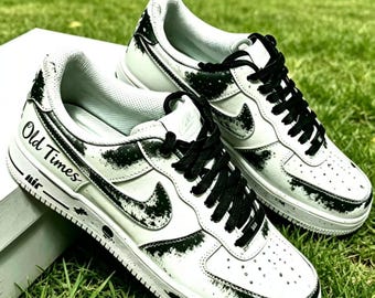 Zapatillas Air Force 1 Old Times Graffiti AF1 pintadas a mano a medida, zapatillas urbanas negras con salpicaduras, regalo personalizado para hombres y mujeres.