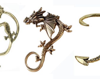 Three Cute Little Pewter Dragon Earrings Earcuffs brass color 6749Kx