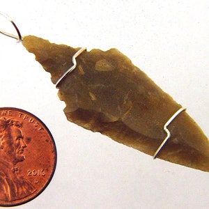 Sterling Silver Wire Wrapped Neolithic Flintstone Arrowhead Pendant w/ Silver Plated Chain 8751P