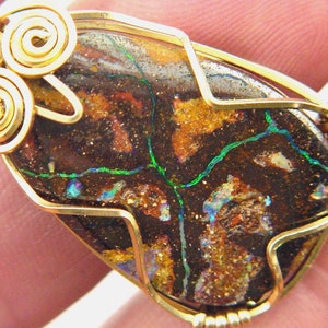 14kt Gold Fill Wire Wrapped Natural Australian Boulder Opal Free Form Polished Pendant 9272P abe
