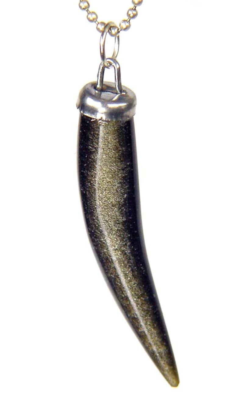 Gold sheen obsidian tooth tusk shaped pendant pagan with chain 7062K