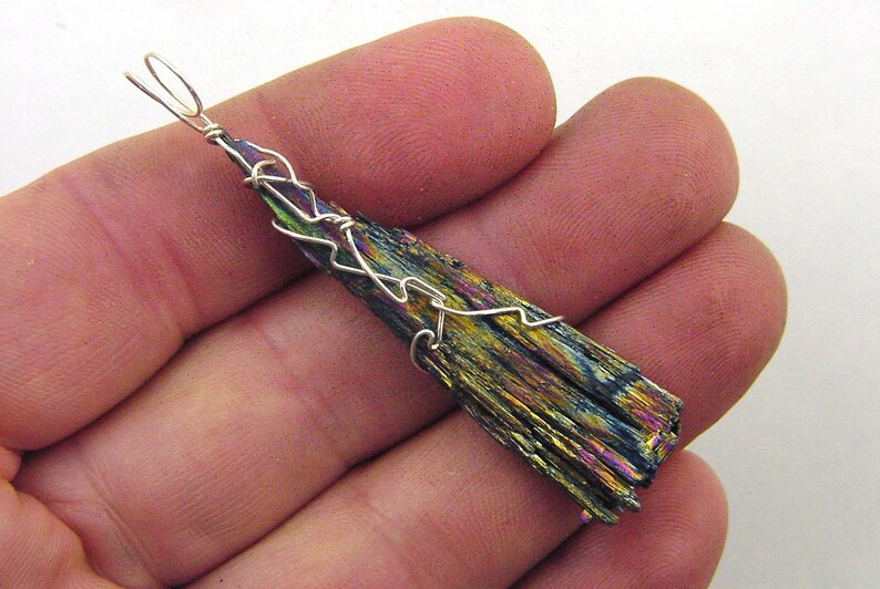 Natural Sterling Silver Wire Wrapped Unpolished Titanium Black Kyanite Pendant with chain 9578P
