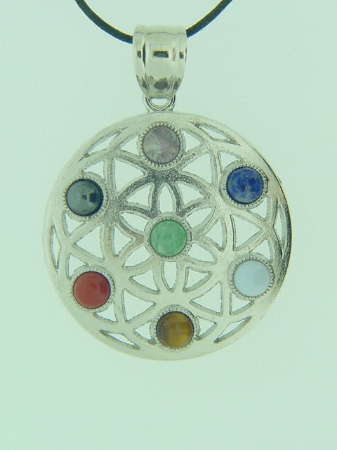 Pewter Circular Amulet With Chakra Gemstone Accents Pendant