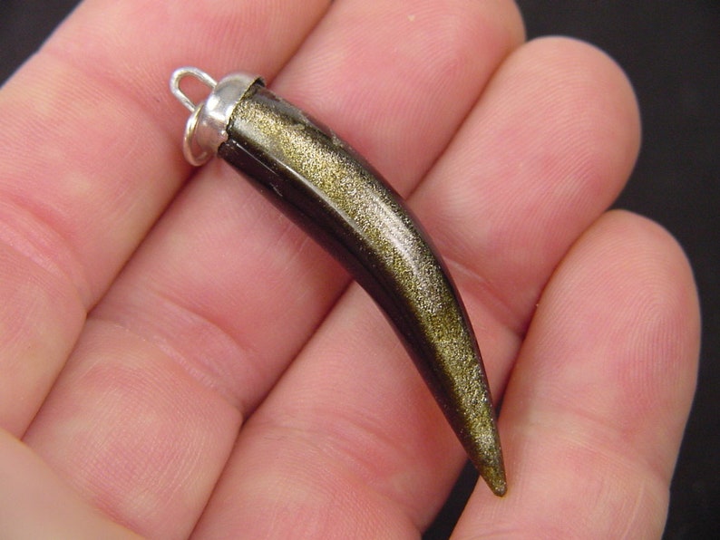 Gold sheen obsidian tooth tusk shaped pendant pagan with chain 7062K