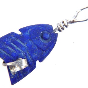 Sterling Silver Hammered Wire Wrapped Afghanistan Lapis Lazuli Sculpted Fish Pendant with SP Chain Necklace 3646P