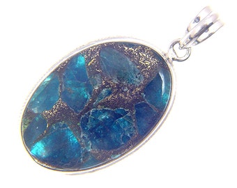 Sterling Silver Blue Apatite with Bronze Matrix pendant with SP chain necklace 2499P