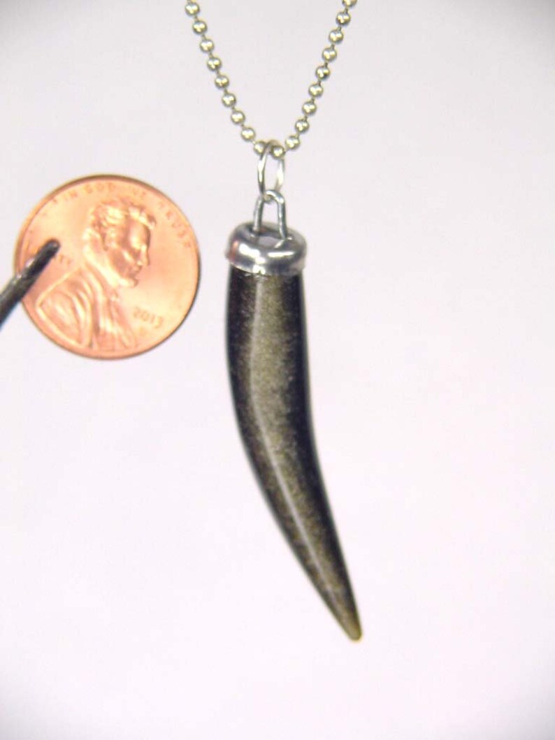 Gold sheen obsidian tooth tusk shaped pendant pagan with chain 7062K