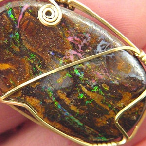 14kt Gold Fill Wire Wrapped Natural Australian Boulder Opal Free Form Polished Pendant 9260P abe