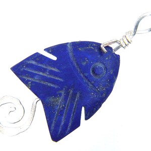 Sterling Silver Hammered Wire Wrapped Afghanistan Lapis Lazuli Sculpted Fish Pendant with SP Chain Necklace 3638P