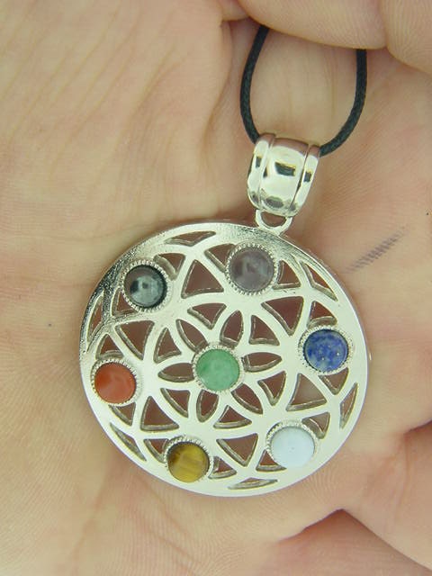 Pewter Circular Amulet With Chakra Gemstone Accents Pendant Pewter Circular Amulet With Chakra Gemstone Accents Pendant