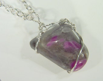 Sterling Silver Wire Wrapped Natural Ruby in Feldspar Necklace Pendant W/ Free SP Chain 3617D